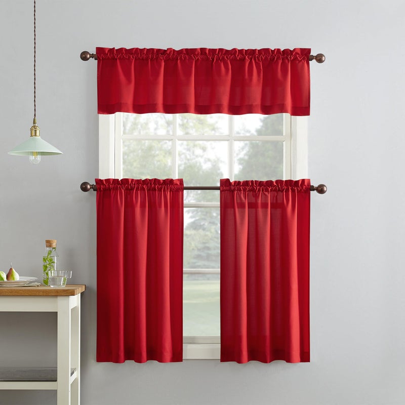 No. 918 Martine Microfiber Semi-Sheer Rod Pocket Kitchen Curtain Valance and Tiers Set, 54" x 45", Red - Image 4